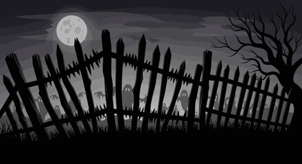 A silhouetted graveyard scene with crosses and a city skyline under an orange sunset.