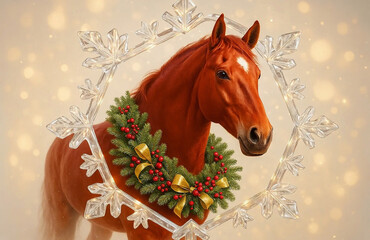 A red horse in a large decorative shining crystal snowflake on a bright New Year's background, greeting card with the symbol of the year 2026