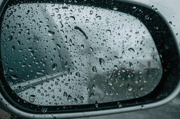 Raindrops on a wet glass surface viewed through a vehicle's side mirror