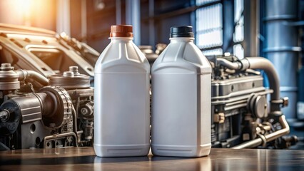 Two plastic bottles for automotive fluids with labels on a workbench, side by side, in front of an engine part, parts, bottle,  parts