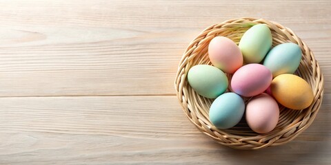 Pastel-colored Easter eggs in a woven basket, pastel colors, easter eggs