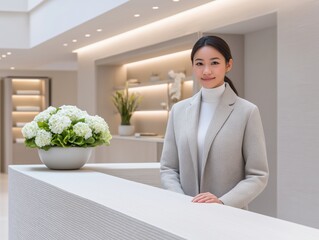Asian woman in a stylish gray blazer stands confidently at a modern reception desk adorned with a fresh flower arrangement, showcasing professionalism and elegance in a contemporary environment