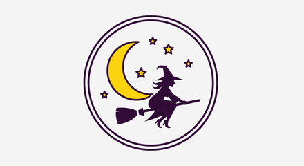 A witch silhouette flies on a broomstick across a yellow crescent moon under twinkling stars, framed in a double circle.