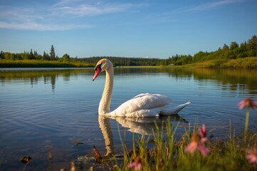 Elegant white swan gliding gracefully on a serene natural lake