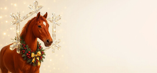 A red horse in a large decorative shining crystal snowflake on a bright New Year's background, greeting card with the symbol of the year 2026