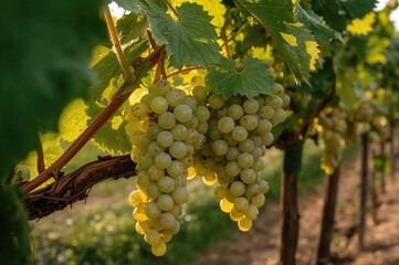 Fototapeta premium Mature white grapes hanging on the vine ready to be picked for winemaking.