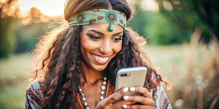 una mujer morena con ojos verdes sonriendo mientras mira a su tel?fono, estilo boho, ojos verdes,  estilo boho