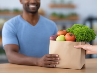 African American man receiving a paper bag filled with fresh vegetables and fruits from a customer, showcasing healthy food choices in a vibrant market environment
