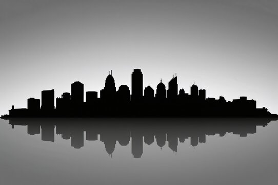 Modern black and white vector silhouette of an urban skyline with reflection, fully editable - Powered by Adobe