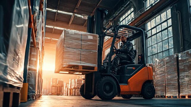 A worker drives a forklift inside a logistics warehouse, moving boxes with precision and control, representing the strength of industrial teamwork.
