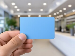 Hand holding a blank blue card in a modern office environment with blurred background, showcasing a professional setting suitable for business or personal use
