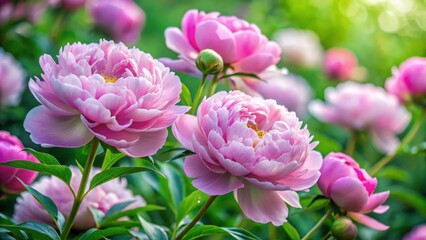 Mature peony flowers with soft pink petals unfolding in a lush green garden, spring garden