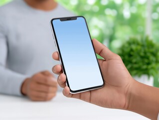 Hand holding smartphone mock up with blank screen, showcasing modern technology in a bright, inviting environment with greenery in the background, ideal for design purposes