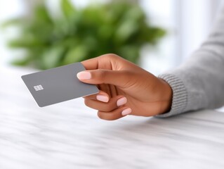 Hand of an African American woman holding a sleek gray credit card, showcasing modern financial technology with a blurred green background, emphasizing digital payment solutions