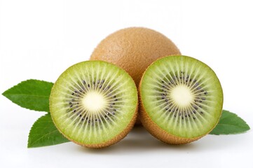 Fototapeta premium Complete and halved kiwi fruit displayed against a white background with green leaves. Detailed view.