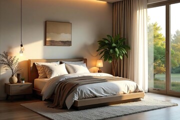 Serene Bedroom Sanctuary Soft Lighting, Calming Colors, and Natural Textures Promote Relaxation and Healthy Sleep for Ultimate Well-being