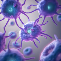 A timelapse-style image showing a cell dividing: starting from one cell, splitting into two, then four, highlighting nucleus and cytoplasm changes.