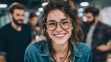 Obraz premium A smiling woman wearing glasses and denim stands outdoors or indoors during daytime,