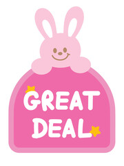 Cute GREAT DEAL sale icon with bunny for online shopping, promotion, sticker, banner, discount, web button, campaign badge, brochure, price tag, animal, pet shop, vet, rabbit cartoon, ad, happy easter