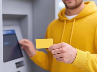 Young man in yellow hoodie using ATM, holding a blank card, with machine interface visible, showcasing modern banking technology and user interaction