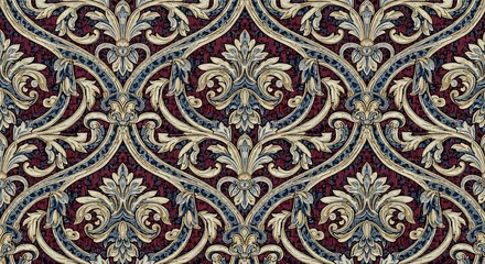Detailed seamless damask pattern in dark reds, blues and old golds