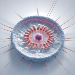 A 3D render of a eukaryotic cell in metaphase: chromosomes aligned centrally, spindle fibers extended, isolated on white background.