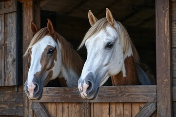 Obraz premium Two white horses with brown spots peering from a wooden stall, heads visible only