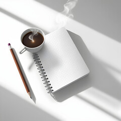 A blank spiral notebook journal with a sharp pencil and steaming coffee cup beside it, minimalistic layout, on white background.