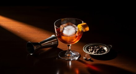 Elegant cocktail with large ice cube, orange twist, and coffee beans on a wooden surface, light painting style. Concept for beverage photography, artisanal drink promotion and bar menu design