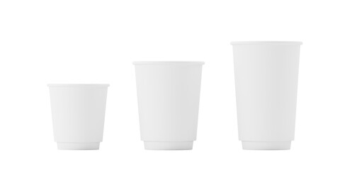 Three plain white coffee cups of varying sizes shown isolated in a row on a transparent background, clean mockup concept for coffee branding, 3D Rendering