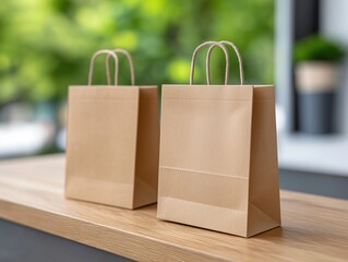 Two brown paper shopping bags with twisted handles are placed on a wooden surface, surrounded by a blurred green background, showcasing eco-friendly packaging options for retail use