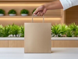 Hand holding a plain brown shopping bag in a modern interior setting with greenery in the background, showcasing retail and consumerism concepts with copy space