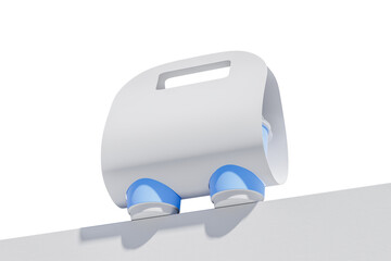 Coffee cup carrier mockup with two blue cups inside sleek white holder, minimalistic 3D Rendering, isolated on white background, branding concept