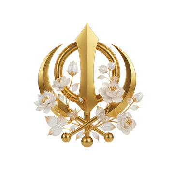 Golden khanda emblem with floral ornamentation evoking strength and beauty in harmony