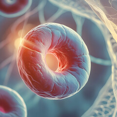 A close-up microscopic view of a single human blood cell.