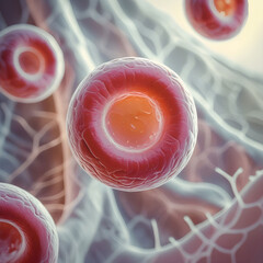 A close-up microscopic view of a single human blood cell.