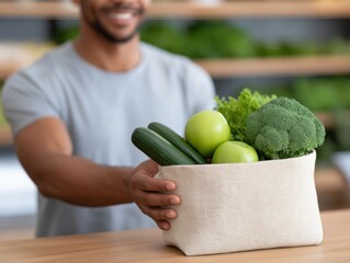 African American man holding a fabric basket filled with fresh vegetables including cucumbers, green apples, and broccoli, showcasing healthy eating and lifestyle choices