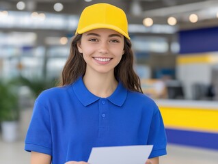 Young woman wearing a blue polo shirt and yellow cap is smiling while holding a document in a bright, modern retail environment, showcasing customer service and engagement
