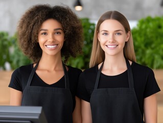 African American woman and Caucasian woman, both wearing black aprons, are smiling at the camera in a modern cafe, showcasing teamwork and customer service in a vibrant atmosphere