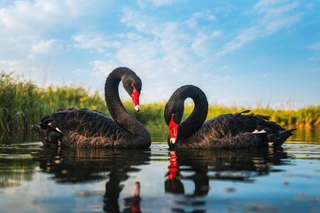 A Pair of Dark Swans Feeding