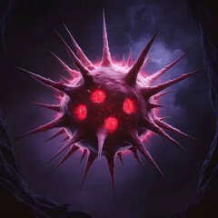A dangerous pathogenic bacteria with menacing sharp spikes, a glowing red core.