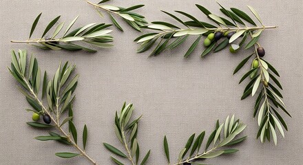 Elegant olive branch wreath on neutral textured background, natural frame
