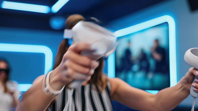 Women using virtual reality headsets and controllers for immersive gaming experience in a futuristic room.