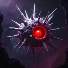 A dangerous pathogenic bacteria with menacing sharp spikes, a glowing red core.
