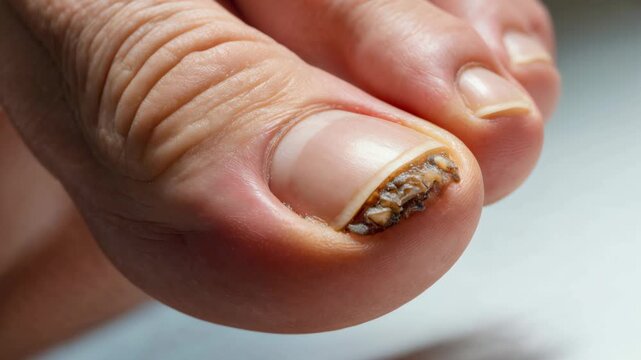 Close up of toenail with fungal infection and nail damage.