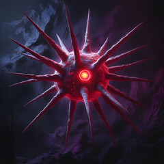 A dangerous pathogenic bacteria with menacing sharp spikes, a glowing red core.
