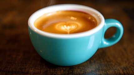 Close up of a cup of coffee with heart latte art on wooden table