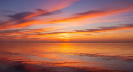 Vibrant orange and purple sunset reflecting over calm ocean waters, creating a serene seascape. Concept for travel inspiration, peaceful reflection and nature background