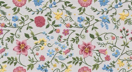 Floral tapestry design showcasing colorful bloom and foliage on fabric