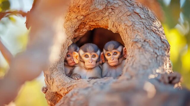 Three adorable primate infants emerging with curiosity from sunlit tree hollow, their large eyes conveying innocence